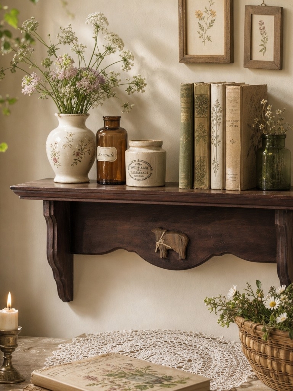Vintage Wooden Wall Shelf with Cow Carving